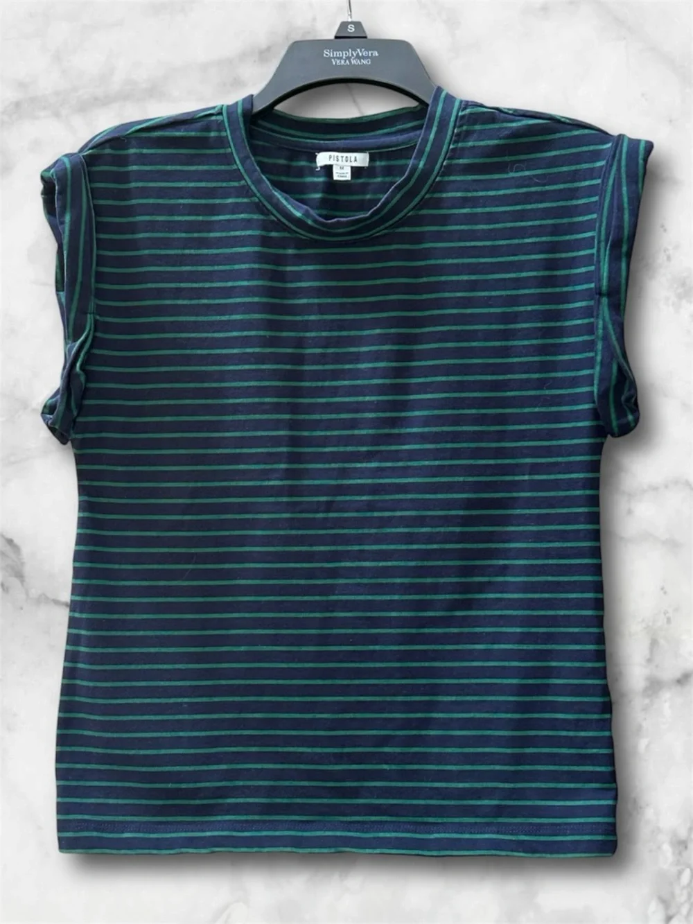 Pistola Olivia Twisted Sleeve Marina Striped Navy Green Muscle Tee Shirt Size M - Picture 2 of 10